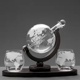 Whiskey Glass Set Crystal Globe Liquor Carafe for Whisky Vodka Sailboat in Decanter with Finished Wooden Stand Bar Tools Cup 240111