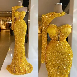 Stylish Sequined Evening Dresses One Shoulder Pearls Mermaid Prom Dress Long Sleeveless Plus Size Custom Made Special Occasion Dresses