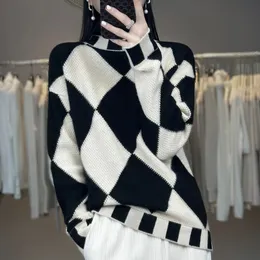 Fall/winter diamond check contrast color 100% cashmere sweater women's semi-turtle neck loose wool sweater 240111