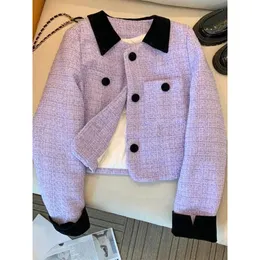 Vintage Cropped Tweed Jackets Women Patchwork Short Blazer Korean Elegant Single Breasted Coat Casual All Match Outerwear Tops 240112