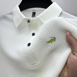 Marca bordada masculina de alta qualidade malha gelo legal camisa polo verão casual gola polo costela respirável topo manga curta t-shir 240111