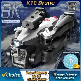 Drones Novo K10 Mini 4K Drone 8K Professinal Três Câmera Grande Angular Fluxo Óptico Localização Obstáculo Evitar RC Quadcopter Brinquedo Presente