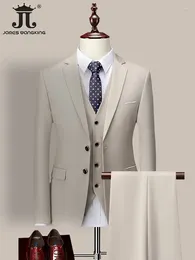 Men's Suits 14 Color M-6XL ( Jacket Vest Pants ) High-end Brand Formal Business Mens Suit Three-piece Groom Wedding Dress Solid