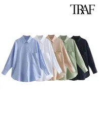 TRAF Women Fashion With Pocket Oversized Linen Shirts Vintage Long Sleeve Button-up Female Blouses Blusas Chic Tops 240112