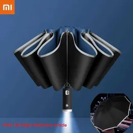 Paraplyer Nya Xiaomi Auto Open Close Light-emittering LED Reverse Paraply Ten-Bones trefold Automatic Business Paraply With Light YQ240112