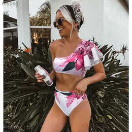 Kvinnors badkläder Kvinnor ruffle Bikini Set Floral Printed High midjan Single Shoulder Summer Beachwear Push Up Flounce Swimsuit Bath Suit YQ240112