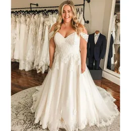 2024 A-Linie Brautkleider Bohemian Beach Boho Country Sweetheart Off Shoulder Spitze Applikationen Tüll Kurze Ärmel Sweep Train Plus Size formelle Brautkleider