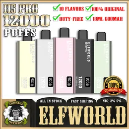 Original ELFWORLD i15Pro 12000 12K Puff 12000 12K Screen Charge Display Rechargeable Disposable E Cigarettes Vape Pen 2% 5% Mesh Coil With 600mAh Battery 18ml