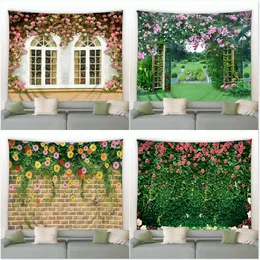 Fiori rosa Piante verdi Paesaggio Giardino Sfondo Decor Arazzo Scenario rurale Murale Appeso a parete Camera da letto Dormitorio Coperta per la casa 240111