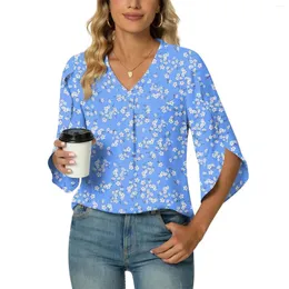 Women's T Shirts Fashionable V Neck Shirt Mid Sleeve Loose Casual Petal Floral Print Top
