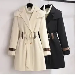 2023 Yeni Sonbahar/Kış Yün Ceket Kadın Giyim Yün Palto Ultra İnce Bel Bant Zarif Uzun Katlı Kadın Bej Siyah Ceket 240112