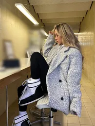 Giacca in lana con risvolto in tweed grigio con bottoni larghi bomber oversize a maniche lunghe casual streetwear top trench 2024 240112