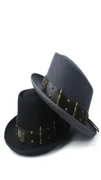 펑크 벨트 패션 양모 Fedora Trilby Facinator Size 58cm 폭 챙 모자 6448448을위한 돼지 고기 파이 모자