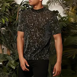 Męskie koszulki 2024 Spring Mens Mesh Sexy Slim Fit T-shirt dla mężczyzn Party Fashion Mash