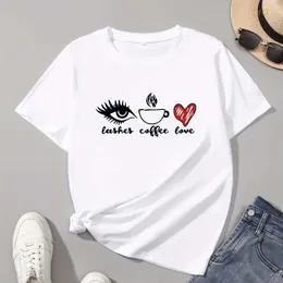 まつげコーヒーハートプリント女性Tシャツカジュアルクルーネック春の夏の女性用服の女性トップスティー