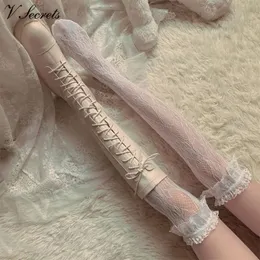 Sexy estilo japonês meias lolita bowknot fishnet joelho meias antisnagging mulheres oco renda meia peixe net meia-calça 240111