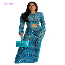 Designer de roupas femininas maxi vestido novo manga longa mão-malha oco out lantejoulas vestidos de praia para mulher elegante