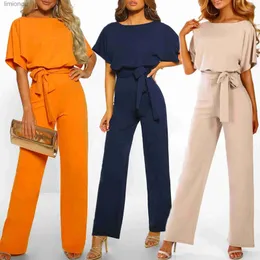 Kobiety Jumpsuits Rompers Women Summer Jumpsuit 2023 Elegancki kombinezon z krótkim rękawem Długie szerokie nogi spodnie wysokie talia swobodne body Bodysuit plus wielkości luzu240111