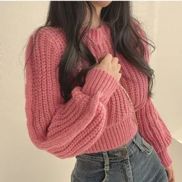 Aged Pink Bubble Sleeves Soft Glutinous Sweater Womens Autumn and Winter Fashion Sister Style Loose Pullover Knitted Top 240112