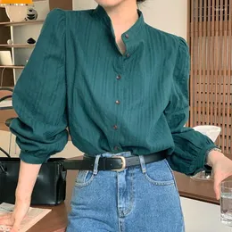 Bluzki damskie wdmsna jesienne małe stoisko blusas pojedynczy piersi luźna bluzka Koreańska elegancka koszula ciemna wzorzyste puchanie rękawów