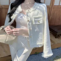 Lucyever Корейская мода клетчатая твидовая куртка женская белая с круглым вырезом укороченная куртка с кисточками осенняя однобортная офисная женская верхняя одежда 240112