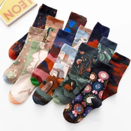 1Pair Happy Socks Unisex Women Oil Painting Van Gogh Combed Cotton Funny Fantasy Casual Novelty Party Gifts Wholesale 240111