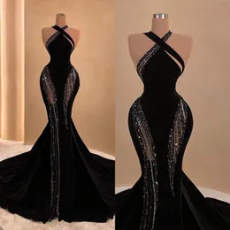Simple Halter Mermaid Prom Dresses Sexy Sleeveless Sequined Lace Formal Occasion Dress Aso Ebi Evening Gowns