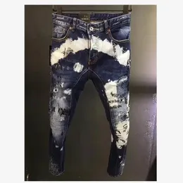 Men litera drukowana moda swobodna dziura pomalowane w sprayu dżinsy Trendy High Street Denima