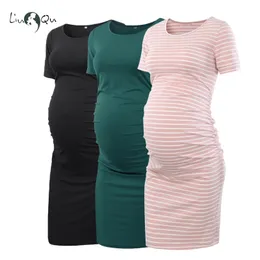 Liu Qu Maternity Dresses Women Side Ruched Pregnany Dress Bodycon Pregnant Clothes Casual Mama Short Sleeve Wrap Baby Showers 240111