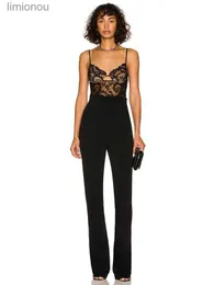 Tute da donna Pagliaccetti Sexy cinturino per spaghetti Hollow Lace Bandage Bodycon Tuta Elegante pizzo nero Patchwork Bandage Jumpsuit Celebrity Club PartyL240111