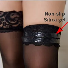 Sexiga spetsstrumpor transparenta knähöga strumpor lår långt med antislipstrumpa för kvinnor erotiska 240111
