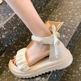 Sandales d'été beige pour femmes, chaussures à bout ouvert, strass, plateforme en diamant, nœud avec talons moyens, H corée F, 2024