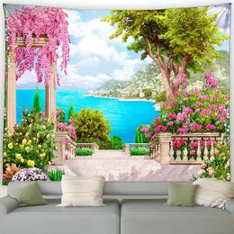 海辺の風景タペストリーピンクフラワーズ植物木ヨーロッパスタイルの海洋景色の庭の壁ぶら下がっているホームリビングルーム装飾240111