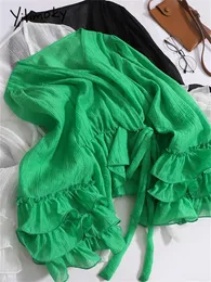 Bluzki damskie Jitimoky V Szyjki dla kobiet 2024 Autumn Fashion Vintage Flare Rleeve Ruffle luźna bluzka swobodna elegancka, solidne koronkowe topy