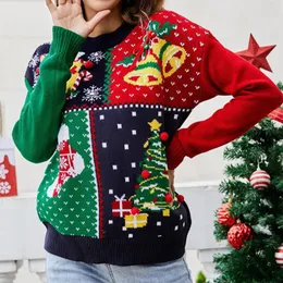 Floco de neve árvore de natal padrão estilo malhas camisola manga longa crochê pullovers casual tripulação pescoço férias outfit 240112