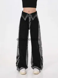 Damen Jeans Hosen Capris Frauen Schwarz Gothic Cargo Y2k Weites Bein Hohe Taille Koreanische Mode Punk Goth Denim Hosen Baggy Vintage Sommer