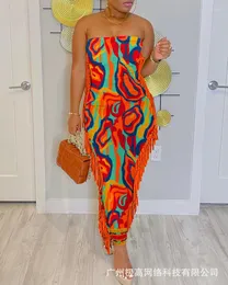 Vestidos casuais verão sexy tie dye print strapless bodycon vestido lateral borla mulheres festa clube