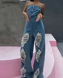 Monos de mujer Mamelucos Mujeres Denim Mono Sexy Ripped Slash Cuello Sin mangas Agujero Moda Slim Cintura alta Mujer Rectas Monos largosL240111