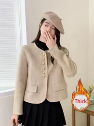 JMPRS Elegant tjock koreansk tweedjacka Kvinnor Casual Long Sleeve Retro Coat Winter Warm Office Lady Single Breasted Vintage Tops 240112