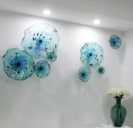 Murano Flower Plate Lamps Arts Blue Color Nordic 100 Hand Blown Glass Hanging Plates Scallop Edges Shape6026640