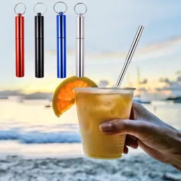 Drinking Straws 2 Set Reusable Stainless Steel With Cleaning Brush Keychain Case Collapsible Milk Tea Straw Utensils