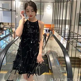 Runway Dresses Designer Women's Spaghetti Strap Loose A-Line Black Color Rhinestone Letter Bow Patched Runway Sexig Party Dress Luxurious VDPC