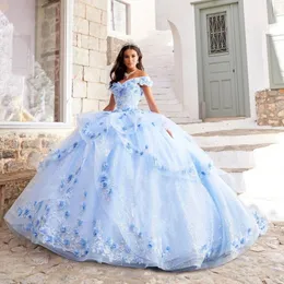 ثوب الكرة الأزرق الفاتح فستان Quinceanera ثلاثية الأبعاد الزهرة