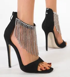 Verão cristal franja peep toe mulher sandálias design de moda zíper fino salto alto banquete stripper sapatos