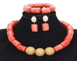 Earrings Necklace Gold Ball Dubai Set 100 Nature Original 1314 MM Coral Beads Wedding Jewelry Choker Jewellery For Bridal6372919