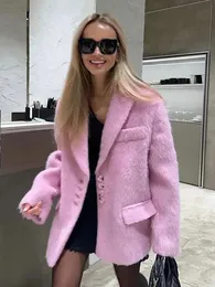 Cappotto rosa in peluche di lana con risvolto alla moda per le donne 2023 cappotto monopetto a maniche lunghe autunno e inverno elegante da donna 240112