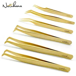 Brushes Natuhana Antistatic Eyelash Extension Tweezer Gold Stainless Steel Eyelashes Tweezers Professional for Volume Fan Makeup Tools