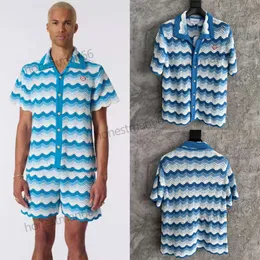 24SS Casablanca Designer Sweaters New CASABLANC pearl button blue wave crochet knitted men and women same short sleeved shirt Fashion top