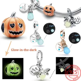 توهج Sier Sterling الأصيلة في Dark Pumpkin Firefly Lightbulb Double Dangle Charm هدية المجوهرات