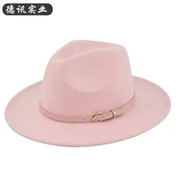 Transgraniczny Fedora Pink Belt Woolen Cowboy Retro wełna przypominająca czapkę Felt Hat Flat Eave Caps 240111